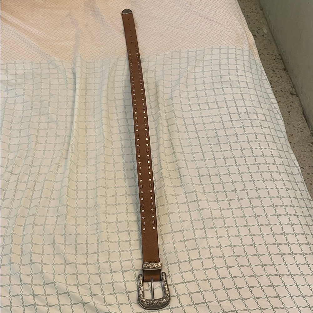 Brown Leather Belt with Silver Buckle ( S - M )